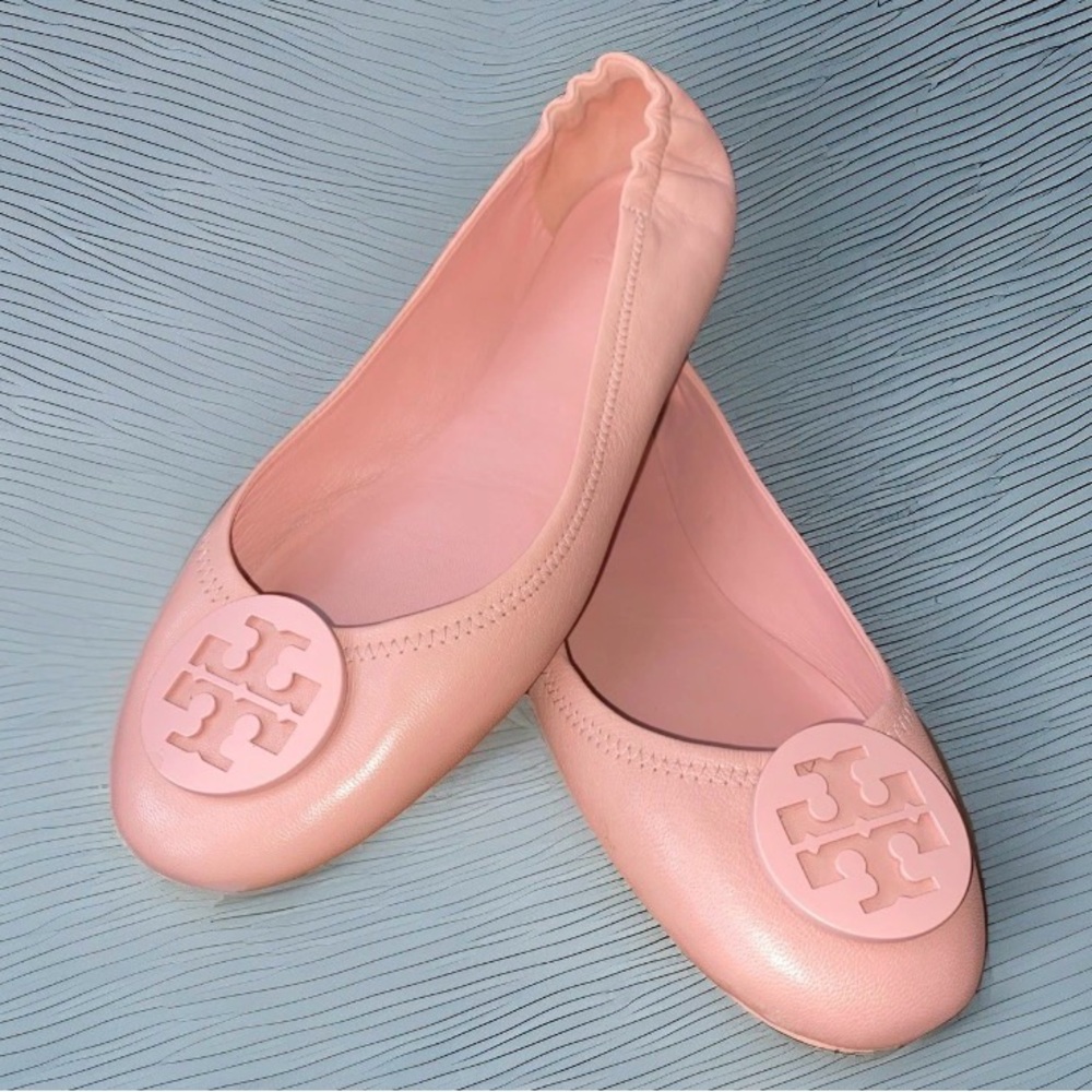Tory Burch MINNIE Leather Travel Ballet Flats w/ Logo | Petunia/Pink | 11 US EUC
